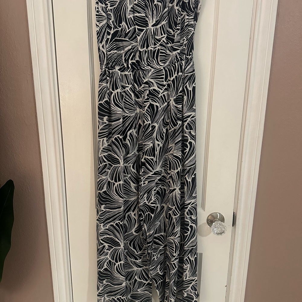 Blue Island Black and White Leaf Print Romper with Tassel Detail